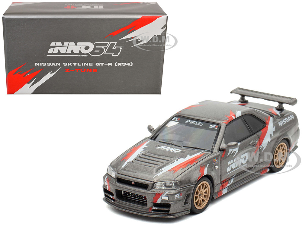 Nissan Skyline GT-R (R34) Z-Tune RHD (Right Hand Drive) Gray Metallic with Graphics "Indonesia Diecast Expo 2024 Exclusive Edition" 1/64 Diecast Model Car by Inno Models diecast model