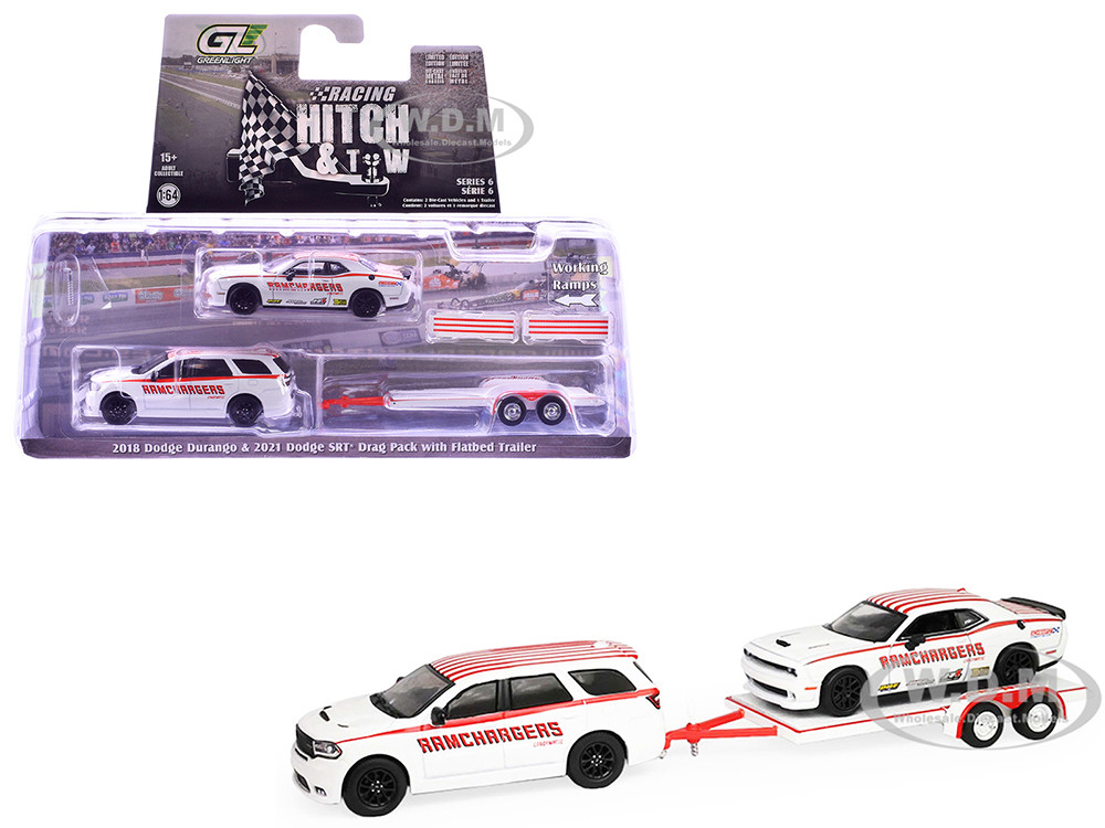 2018 Dodge Durango White with Red Stripes and 2021 Dodge Challenger SRT White with Red Stripes "Ramchargers" with Flatbed Trailer "Racing Hitch & Tow" Series 6 1/64 Diecast Model Cars by Greenlight diecast model