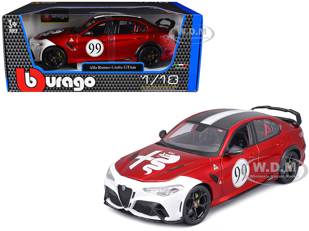 Alfa Romeo Giulia GTAm #99 Red Metallic with Black Top and White Graphics 1/18 Diecast Model Car by Bburago diecast model
