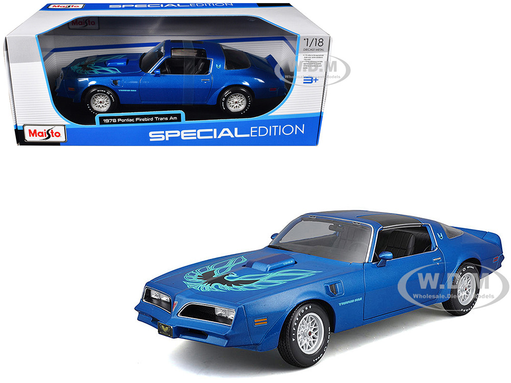 1978 Pontiac Firebird Trans Am Blue Metallic with Hood Graphics "Special Edition" Series 1/18 Diecast Model Car by Maisto diecast model