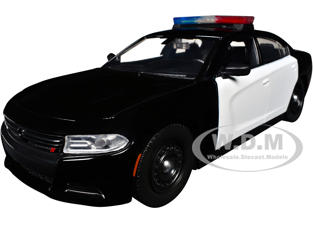 2023 Dodge Charger Pursuit Police Car Black and White with Flashing Light Bar, Front and Rear Lights and 2 Sounds "Builder's Kit" 1/24 Diecast Model Car by Motormax diecast model