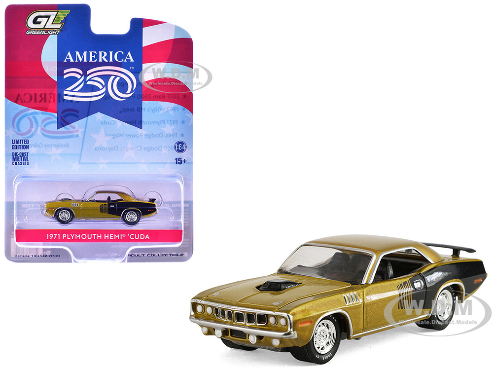 1971 Plymouth Hemi Cuda Gold Metallic with Black Accents "America 250 Edition" "Anniversary Collection" Series 18 1/64 Diecast Model Car by Greenlight diecast model