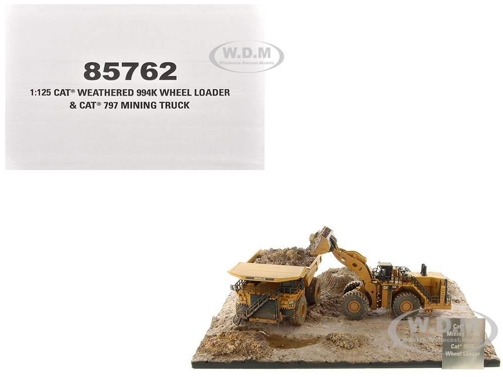 CAT Caterpillar 994K Wheel Loader and 797 Mining Truck Yellow (Weathered) Set of 2 Pieces "Weathered Series" 1/125 Diecast Model by Diecast Masters diecast model