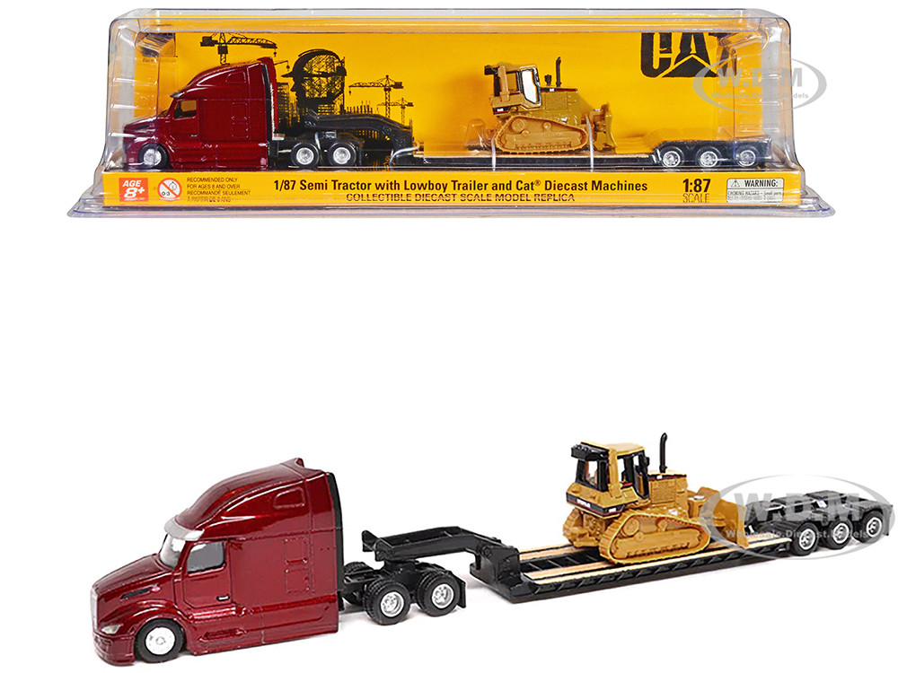 Peterbilt 579 UltraLoft Tandem Tractor Red Metallic with Lowboy Trailer and CAT D5M Dozer Yellow 1/87 (HO) Diecast Model by Diecast Masters diecast model
