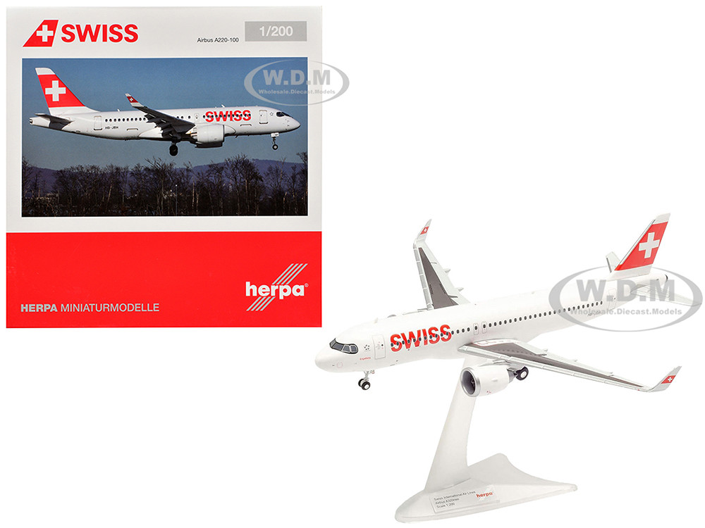 Airbus A220-100 Commercial Aircraft "Swiss International Air Lines" (HB-JBH) White with Red Tail 1/200 Diecast Model Airplane by Herpa diecast model