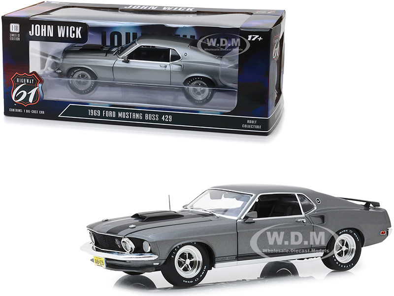 1969 Ford Mustang BOSS 429 Gray with Black Stripes "John Wick" (2014) Movie 1/18 Diecast Model Car by Highway 61 diecast model