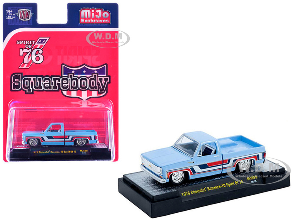 1976 Chevrolet Silverado Bonanza-10 Pickup Truck "Spirit of '76" Light Blue with Red, White, and Blue Graphics Limited Edition to 11770 pieces Worldwide 1/64 Diecast Model Car by M2 Machines diecast model
