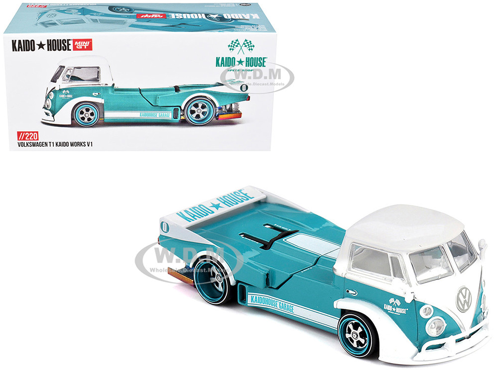 Volkswagen T1 "Kaido Works V1" Truck Turquoise with White Top and Stripes (Designed by Jun Imai) "Kaido House" Special 1/64 Diecast Model Car by Mini GT diecast model