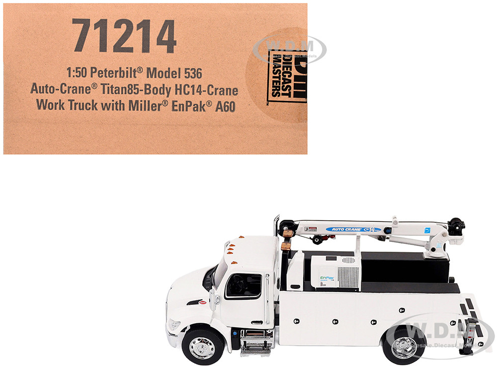 Peterbilt 536 Auto-Crane Titan85-Body HC14-Crane Work Truck with Miller EnPak White "Transport Series" 1/50 Diecast Model by Diecast Masters diecast model