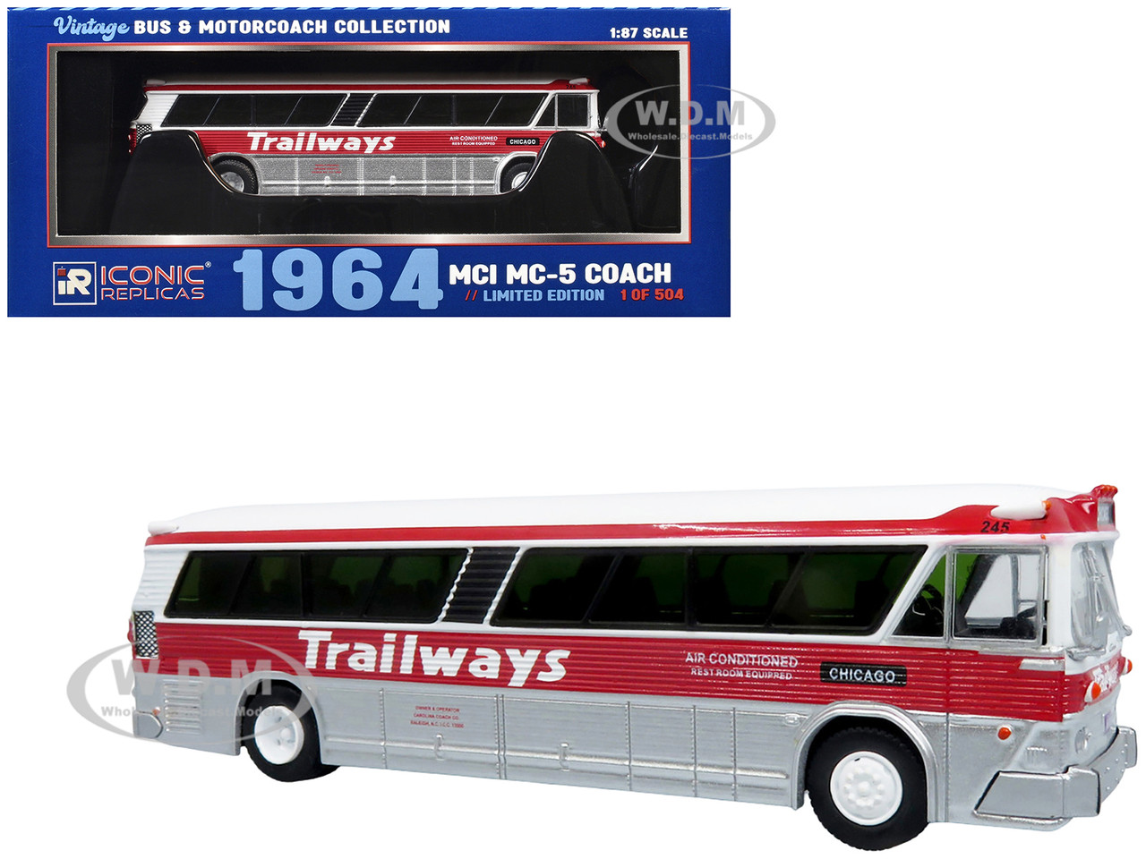 1964 MCI MC-5A Coach Bus "Trailways Chicago" White with Red Stripes "Vintage Bus & Motorcoach Collection" Limited Edition to 504 pieces Worldwide 1/87 (HO) Diecast Model by Iconic Replicas diecast model