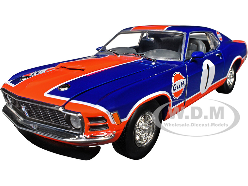 1970 Ford Mustang Custom #1 "Gulf Oil" Dark Blue with Orange Graphics Limited Edition to 7850 pieces Worldwide 1/24 Diecast Model Car by M2 Machines diecast model