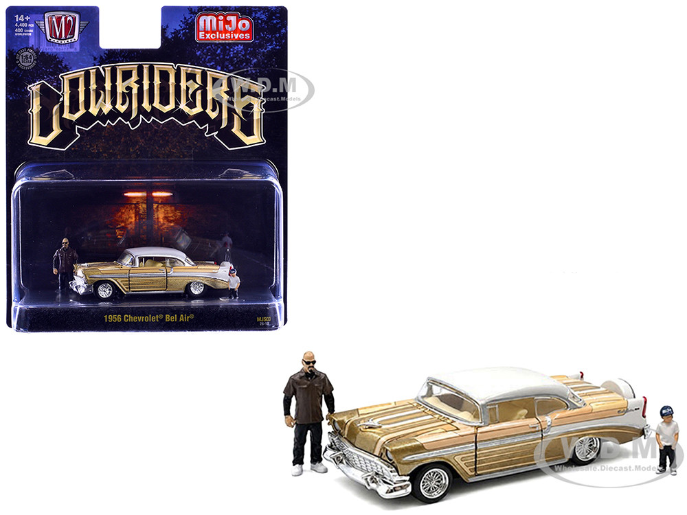 1956 Chevrolet Bel Air Lowrider Gold Metallic with Gold Interior and White Top with 2 Figures Limited Edition to 4400 pieces Worldwide 1/64 Diecast Model Car by M2 Machines diecast model