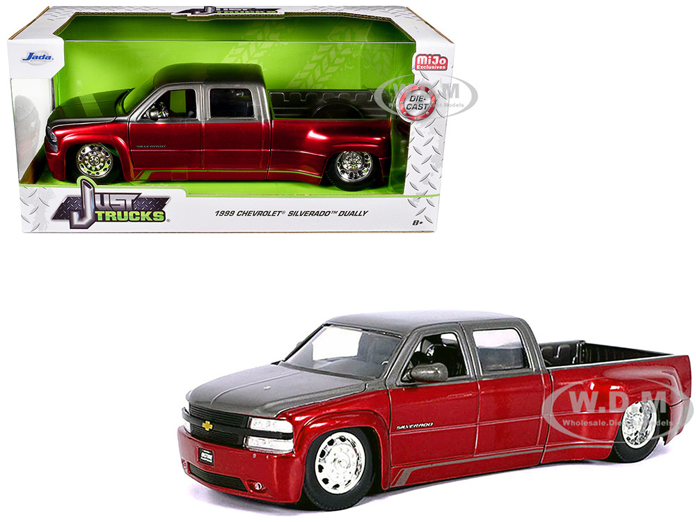 1999 Chevrolet Silverado Dually Pickup Truck Red Metallic and Gray with Stock Wheels "Just Trucks" Series 1/24 Diecast Model Car by Jada diecast model