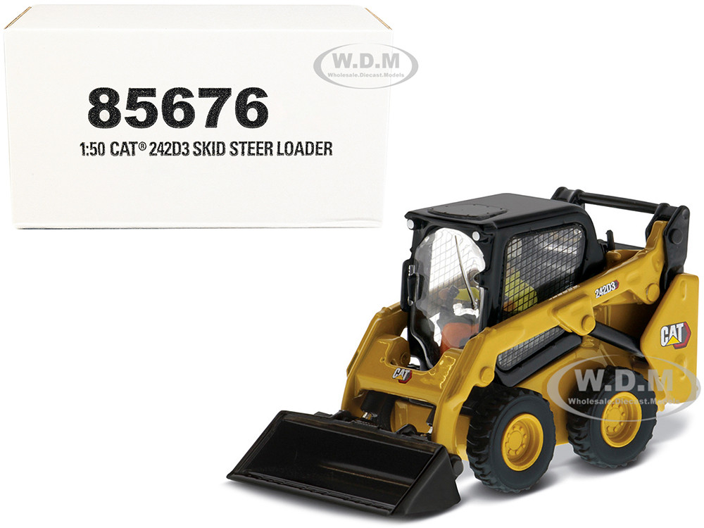 CAT Caterpillar 242D3 Wheeled Skid Steer Loader with Work Tools and Operator Yellow "High Line Series" 1/50 Diecast Model by Diecast Masters diecast model