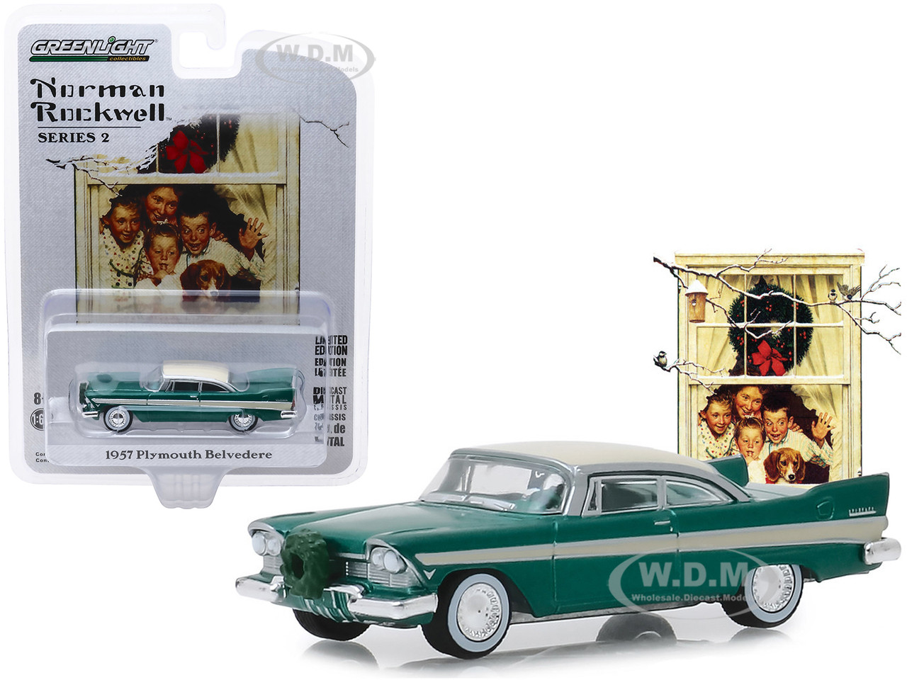 1957 Plymouth Belvedere with Wreath Accessory Green with Cream Top "Norman Rockwell" Series 2 1/64 Diecast Model Car by Greenlight diecast model