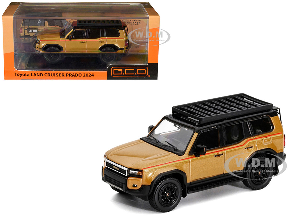 2024 Toyota Land Cruiser Prado Gold Metallic with Red Stripes and Roof Rack 1/64 Diecast Model Car by GCD diecast model