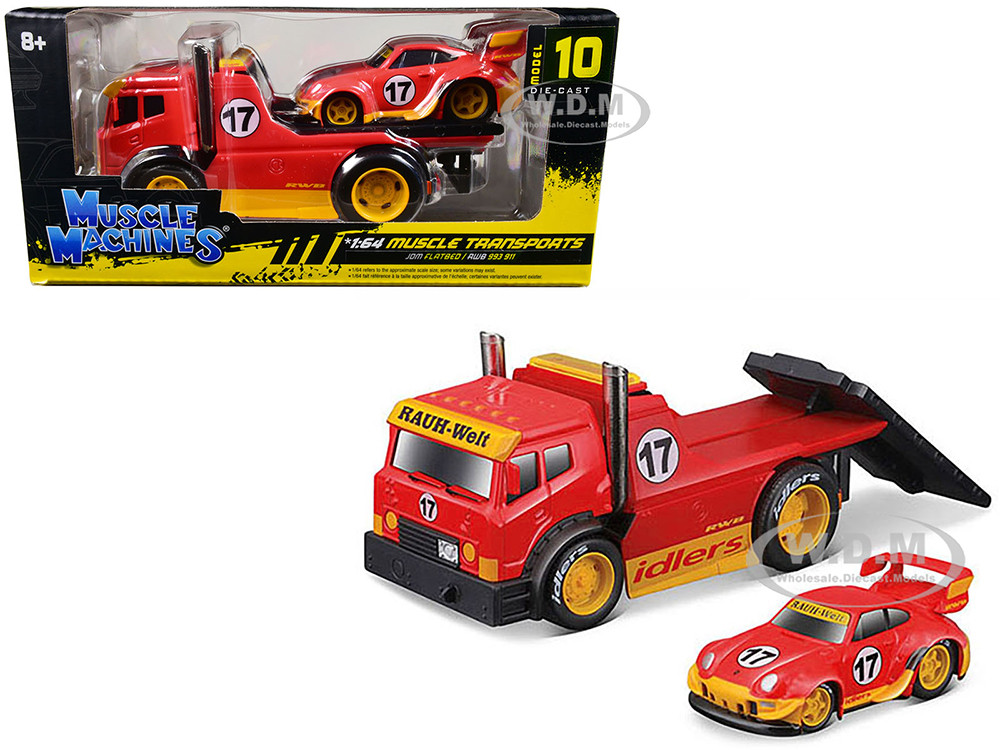 JDM Flatbed Truck #17 Red "RAUH-Welt BEGRIFF" and Porsche RWB 911 993 #17 Red "Muscle Transports" Series 1/64 Diecast Model Cars by Muscle Machines diecast model