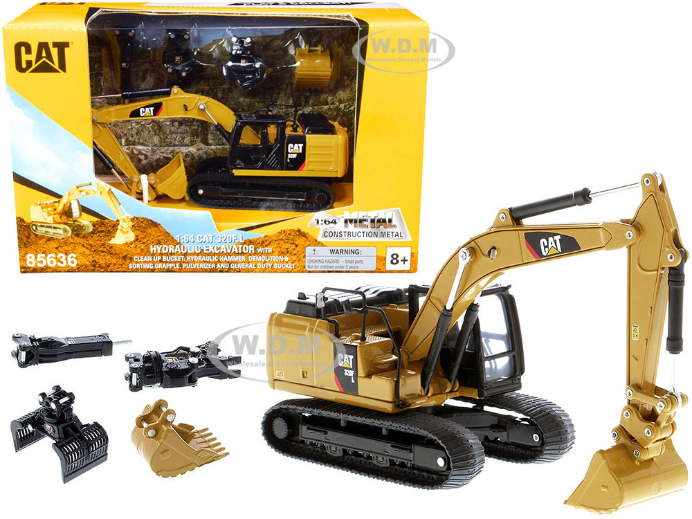 CAT Caterpillar 320F L Hydraulic Tracked Excavator with 5 Work Tools "Play & Collect!" 1/64 Diecast Model by Diecast Masters diecast model