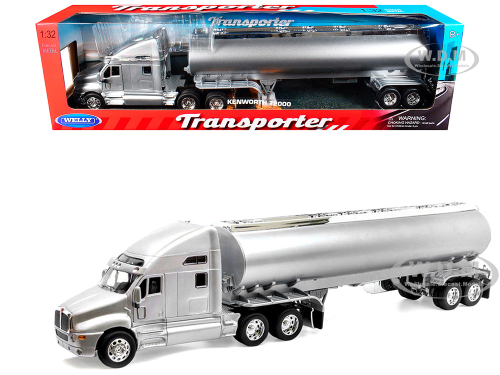 Kenworth T2000 Truck Silver Metallic with Silver Tanker Trailer "Transporter" Series 1/32 Diecast Model by Welly diecast model