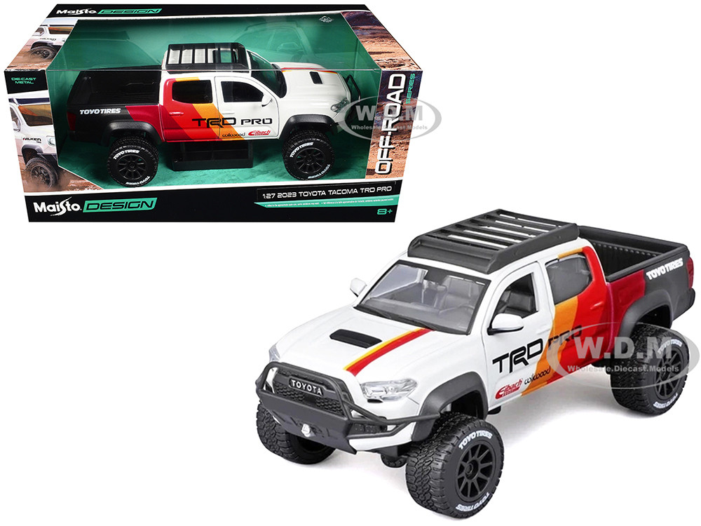 2023 Toyota Tacoma TRD PRO Off Road Pickup Truck White with Graphics and Roof Rack "Maisto Design" Series 1/27 Diecast Model Car by Maisto diecast model