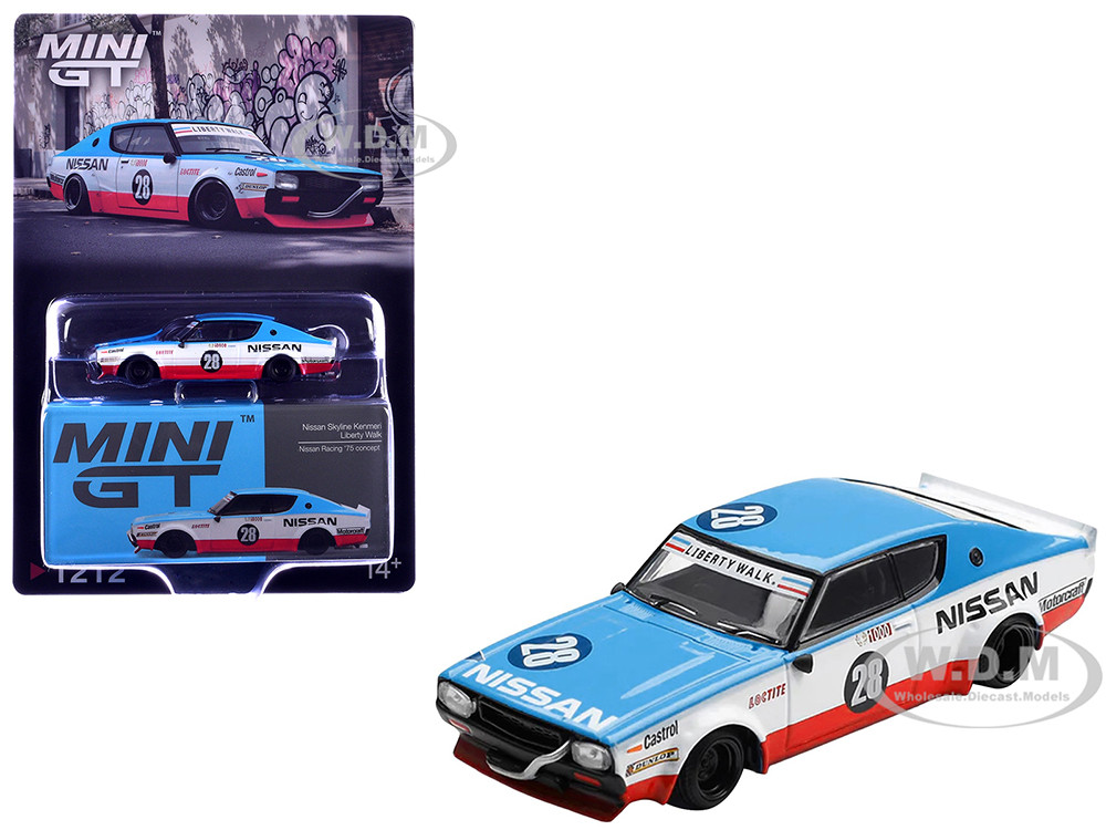 Nissan Skyline Kenmeri RHD (Right Hand Drive) #28 "Liberty Walk - Nissan Racing 1975 Concept" Blue and White with Red Stripes Limited Edition 1/64 Diecast Model Car by Mini GT diecast model