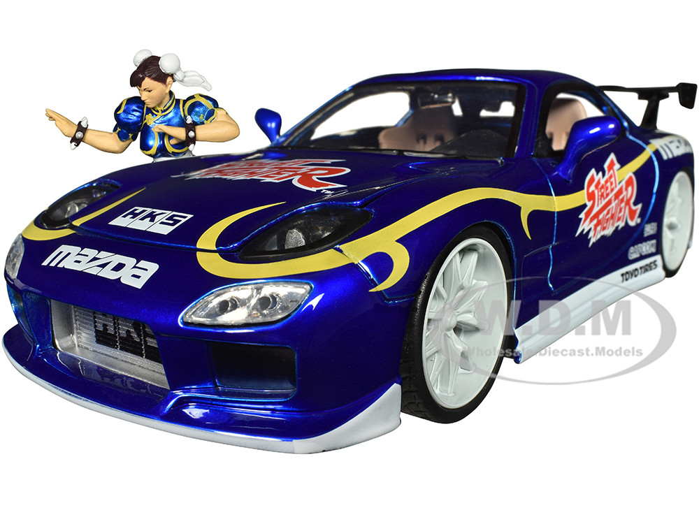 1993 Mazda RX-7 Candy Blue Metallic with Graphics and Chun-Li Diecast Figure "Street Fighter" Video Game "Anime Hollywood Rides" Series 1/24 Diecast Model Car by Jada diecast model