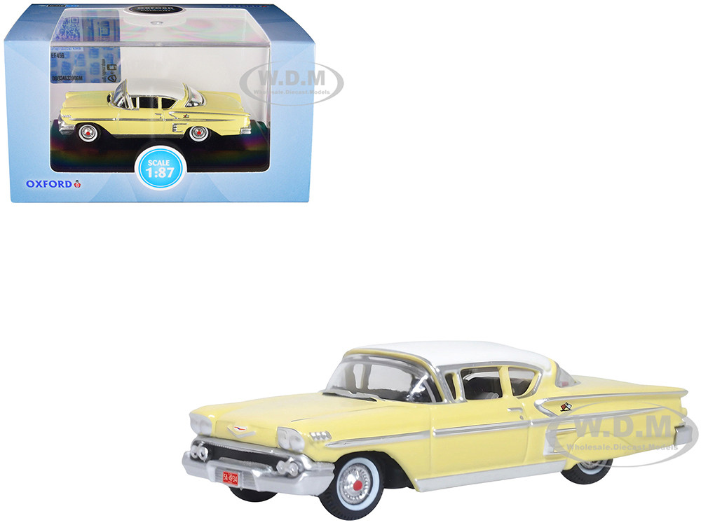 1958 Chevrolet Impala Sport Colonial Cream with Snowcrest White Top 1/87 (HO) Scale Diecast Model Car by Oxford Diecast diecast model