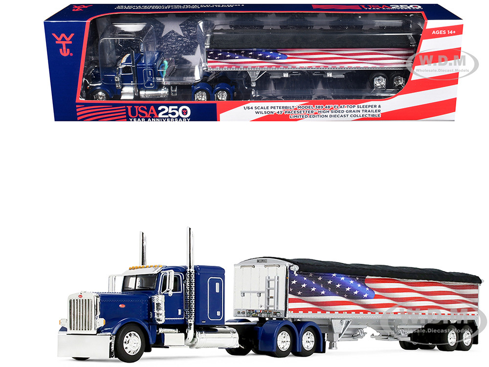 Peterbilt 389 with 48" Flat Top Sleeper and 43' Wilson Pacesetter High Side Grain Trailer "Wilson USA 250" Blue 1/64 Diecast Model by DCP/First Gear diecast model