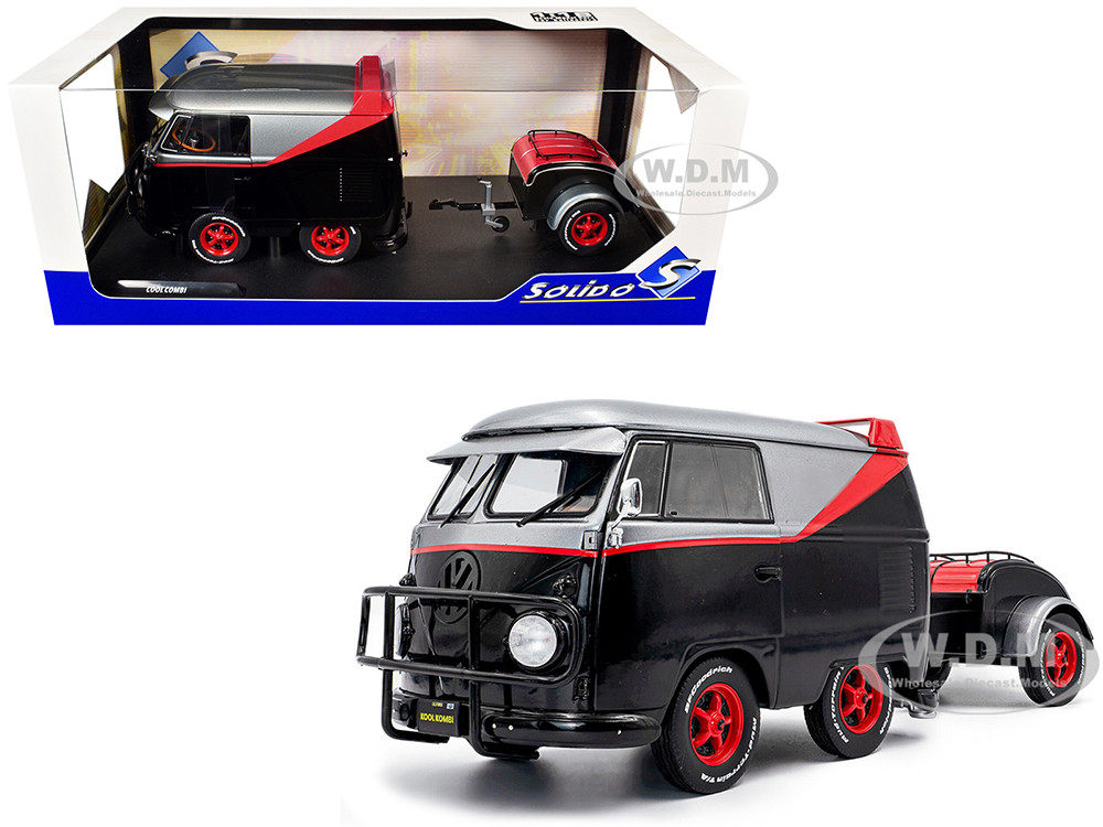 2024 Volkswagen Kool Kombi Sport Van with Trailer Black and Silver with Red Stripe 1/18 Diecast Model Car by Solido diecast model