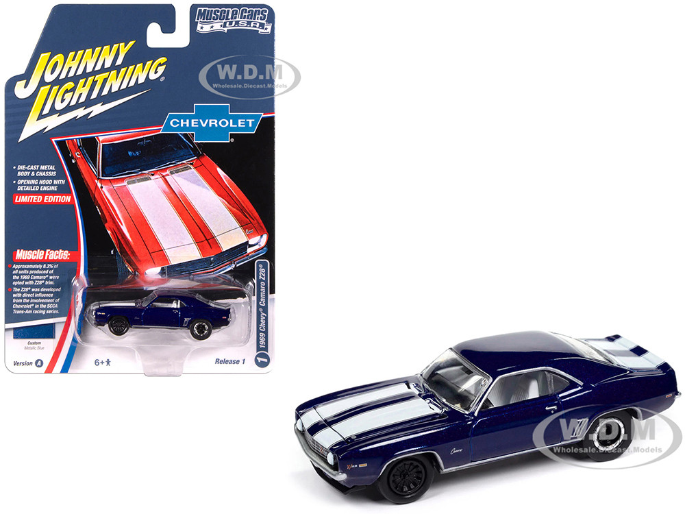 1969 Chevrolet Camaro Z28 Blue Metallic with White Stripes and Interior "Muscle Cars USA" Series 1/64 Diecast Model Car by Johnny Lightning diecast model