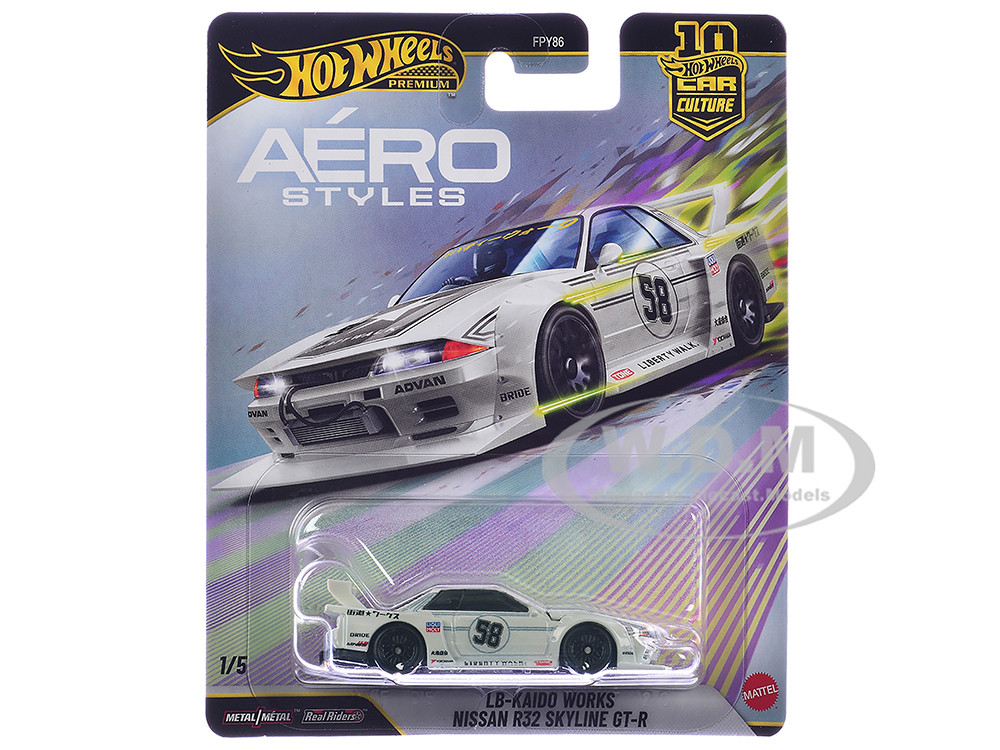 Nissan Skyline GT-R (R32) LB-Kaido Works RHD (Right Hand Drive) #58 White with Gray Stripes "Aero Styles" Series Diecast Model Car by Hot Wheels diecast model
