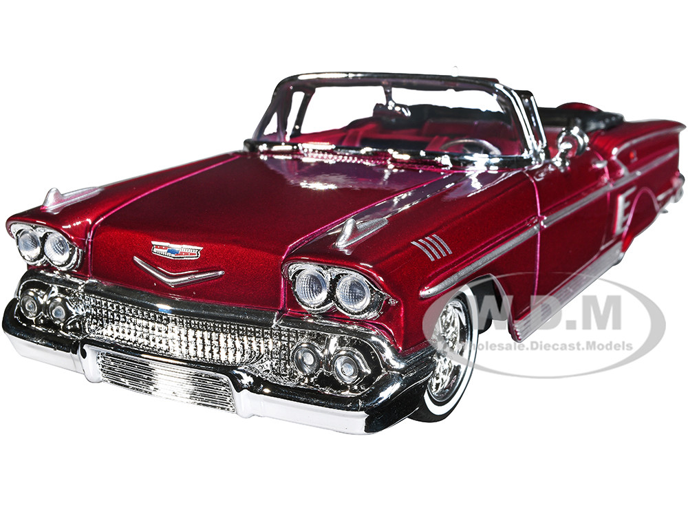 1958 Chevrolet Impala Convertible Lowrider Dark Red Metallic with Red Interior "Get Low" Series 1/24 Diecast Model Car by Motormax diecast model