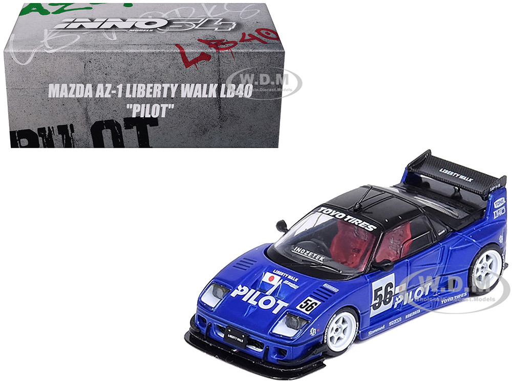 Mazda AZ-1 Liberty Walk LB40 RHD (Right Hand Drive) #56 "Pilot" Blue with Black Top 1/64 Diecast Model Car by Inno Models diecast model