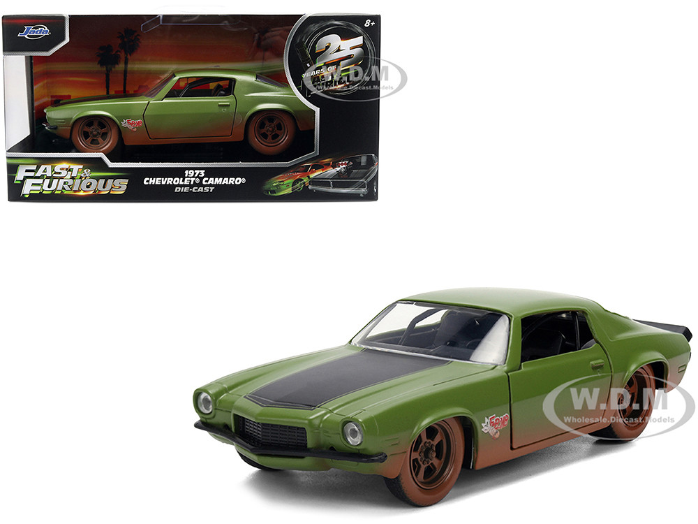 Dom's 1973 Chevrolet Camaro "F-Bomb" Matt Green (Dirty Version) with Black Hood Stripe "Fast & Furious" (2009) Movie "Fast & Furious 25 Years" Series 1/32 Diecast Model Car by Jada diecast model
