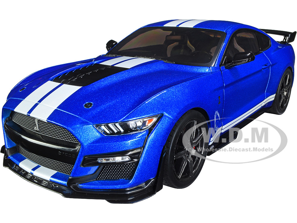 2020 Ford Mustang Shelby GT500 Fast Track Ford Performance Blue Metallic with White Stripes 1/18 Diecast Model Car by Solido diecast model