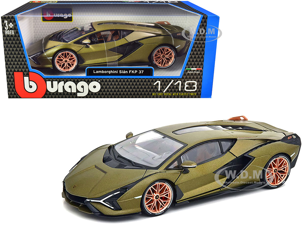Lamborghini Sian FKP 37 Matt Green Metallic with Copper Wheels 1/18 Diecast Model Car by Bburago diecast model