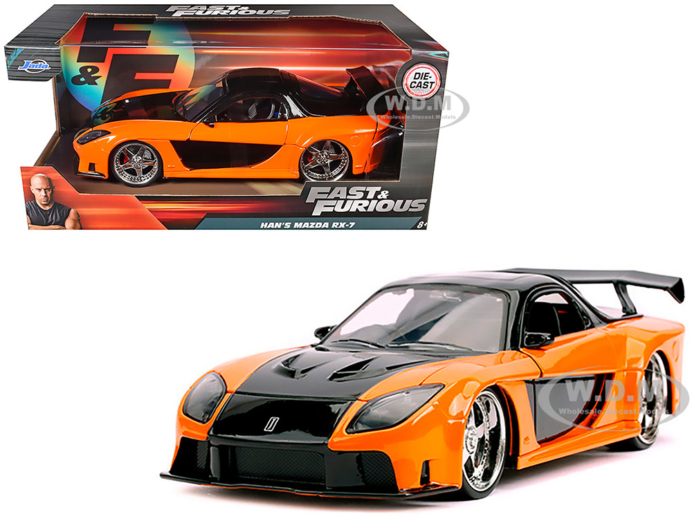 Han's Mazda RX-7 RHD (Right Hand Drive) Orange and Black "Fast & Furious" Movie 1/24 Diecast Model Car by Jada diecast model