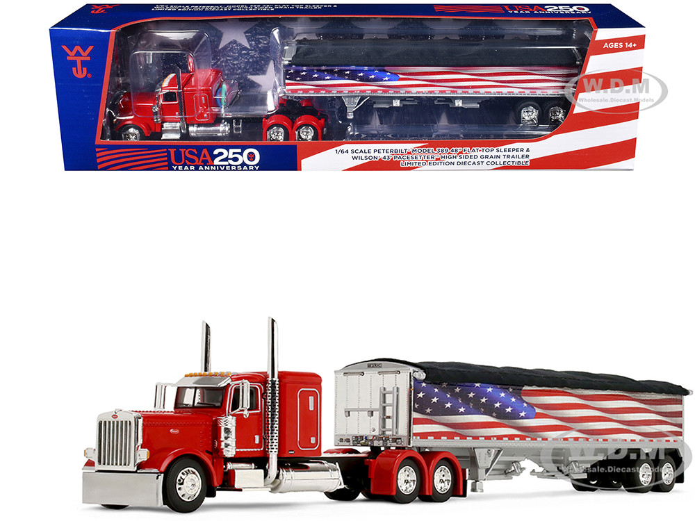 Peterbilt 389 with 48" Flat Top Sleeper and 43' Wilson Pacesetter High Side Grain Trailer "Wilson USA 250" Red 1/64 Diecast Model by DCP/First Gear diecast model