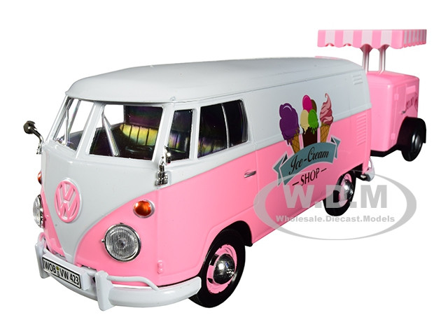 Volkswagen T1 Delivery Van with Ice-Cream Trailer Pink and White "Ice-Cream Shop" 1/24 Diecast Model Car by Motormax diecast model