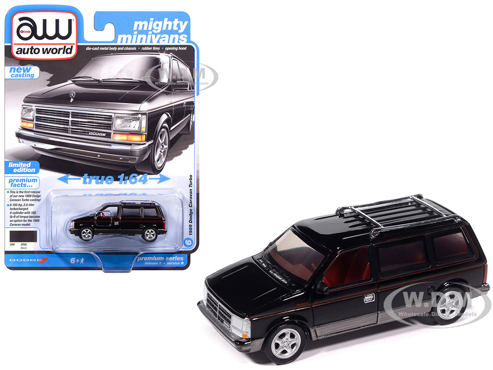 1989 Dodge Caravan Turbo Van Black with Red Stripes and Interior "Mighty Minivans" Series 1/64 Diecast Model Car by Auto World diecast model