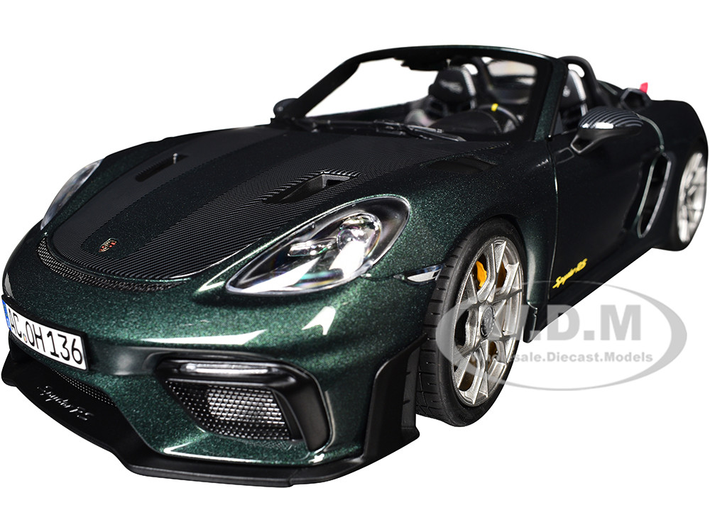 2023 Porsche 718 Spyder RS Weissach Pack Forest Green Metallic with Carbon Hood Stripes 1/18 Diecast Model Car by Norev diecast model