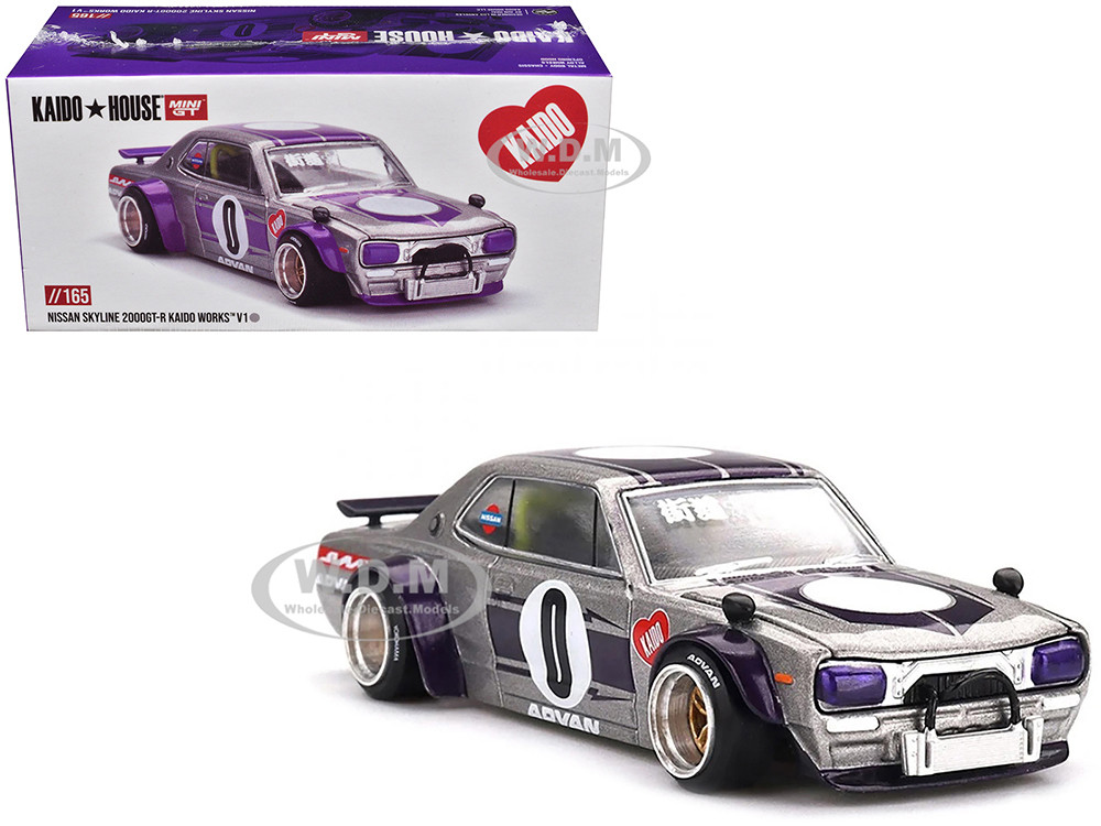 Nissan Skyline 2000GT-R (KPGC10) "Kaido Works V1" RHD (Right Hand Drive) #0 Silver Metallic with Purple Stripes (Designed by Jun Imai) "Kaido House" Special 1/64 Diecast Model Car by Mini GT diecast model