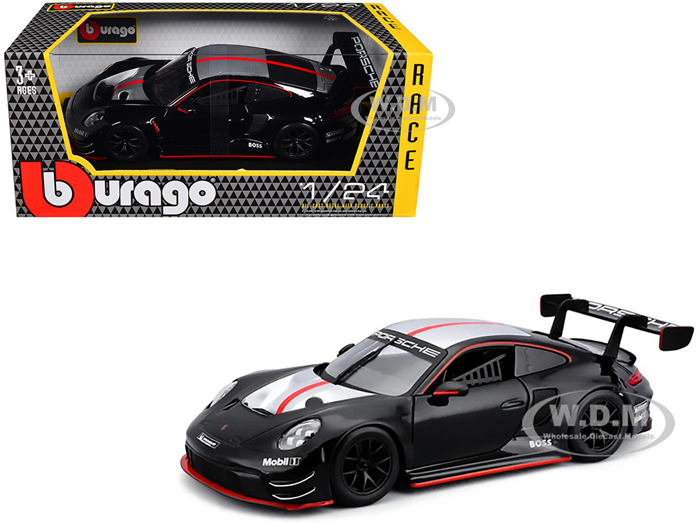 Porsche 911 GT3 R Black with Silver Hood and Top and Red Stripe "Race" Series 1/24 Diecast Model Car by Bburago diecast model