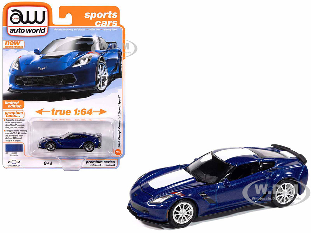 2018 Chevrolet Corvette Grand Sport Admiral Blue with White Stripe "Sports Cars" Series 1/64 Diecast Model Car by Auto World diecast model