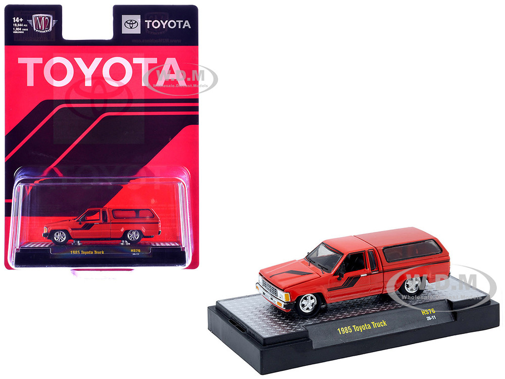 1985 Toyota SR5 Pickup Truck with Camper Shell Red with Black Stripes Limited Edition to 19844 pieces Worldwide 1/64 Diecast Model Car by M2 Machines diecast model