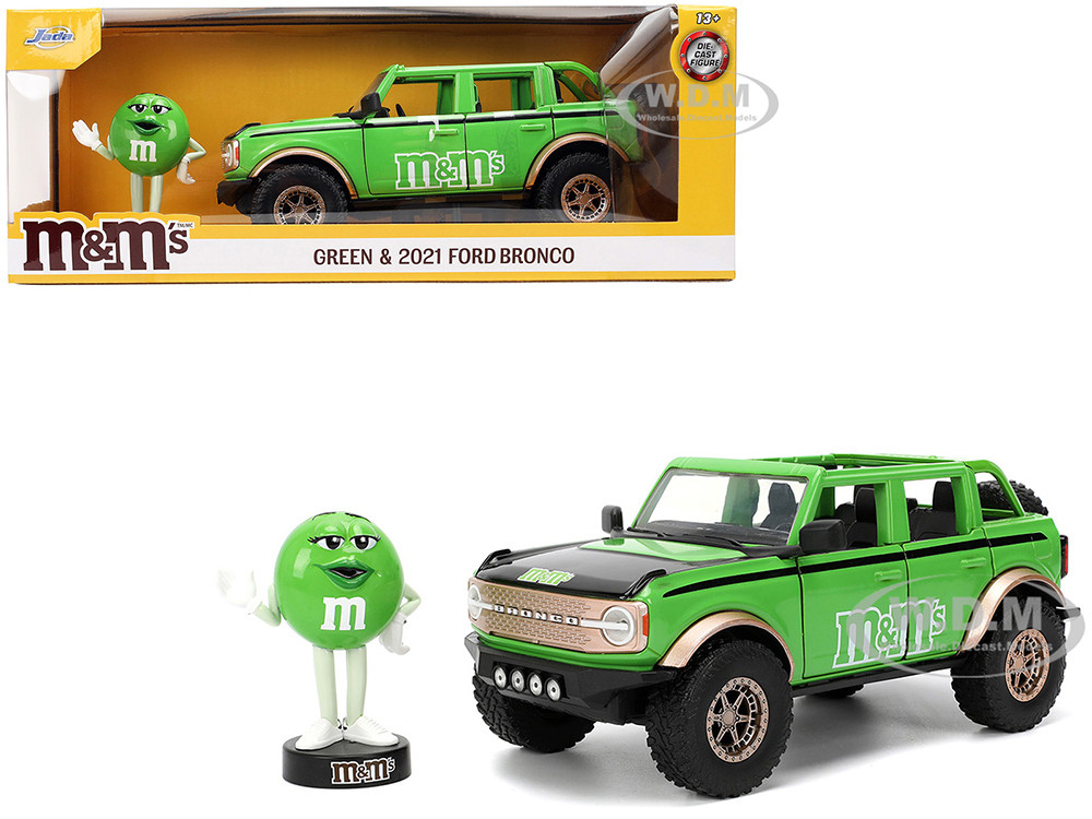 2021 Ford Bronco Green with Black Stripes and Green M&M's Diecast Figure "Hollywood Rides" Series 1/24 Diecast Model Car by Jada diecast model