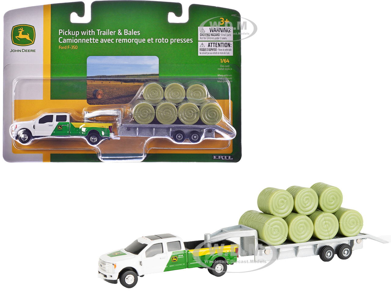 Ford F-350 Pickup Truck "John Deere" White and Green with Flatbed Trailer and Bales 1/64 Diecast Model by ERTL TOMY diecast model