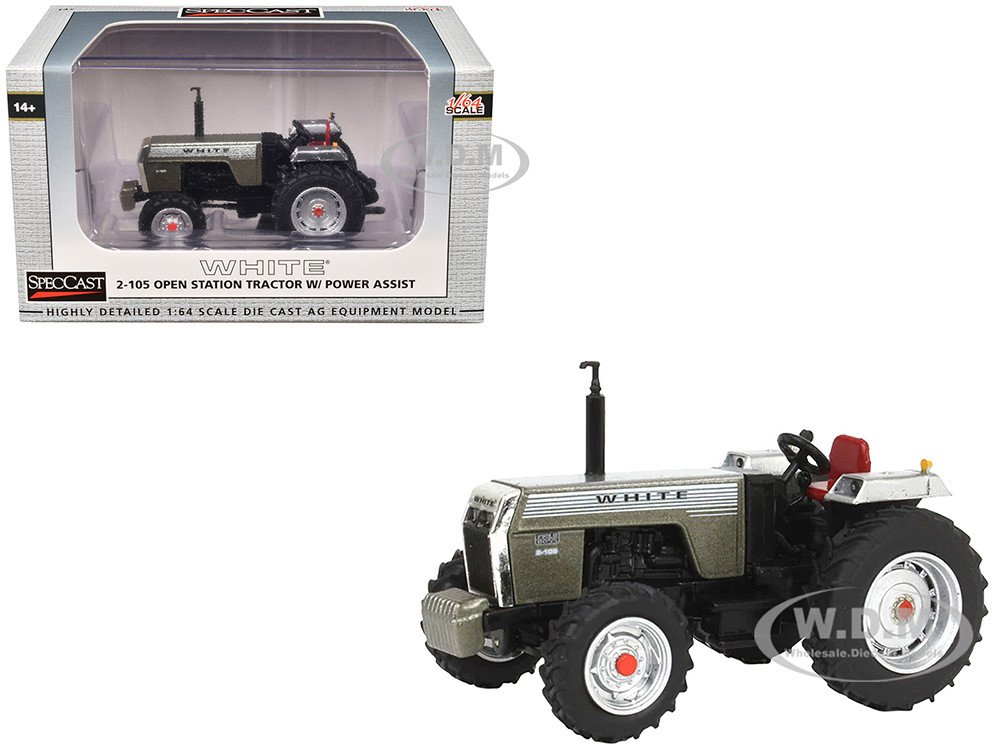 White 2-105 Open Station Power Assist Tractor Brushed Metal with White Stripes 1/64 Diecast Model by SpecCast diecast model