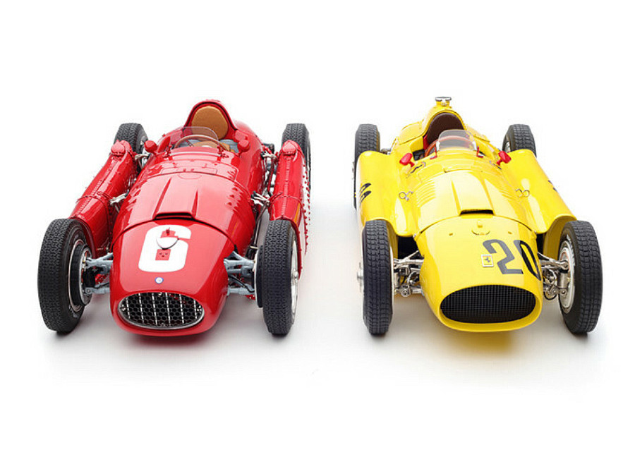 Bundle of 2 Cars 1956 Ferrari D50 #20 Andre Pilette 6th Place Grand Prix of Belgium (Yellow) and 1955 Ferrari Lancia D50 #6 Alberto Ascari Winner Grand Prix Turin, Italy (Red) Limited Edition to 1,000 pieces Worldwide 1/18 Diecast Model Cars by CMC diecast model