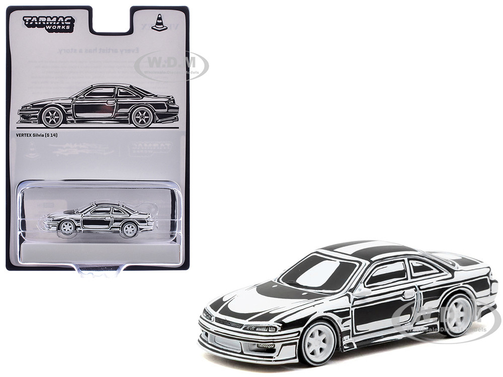 VERTEX Silvia (S14) "Designed by Joshua Vides" Black and White "Global64" Series 1/64 Diecast Model Car by Tarmac Works diecast model